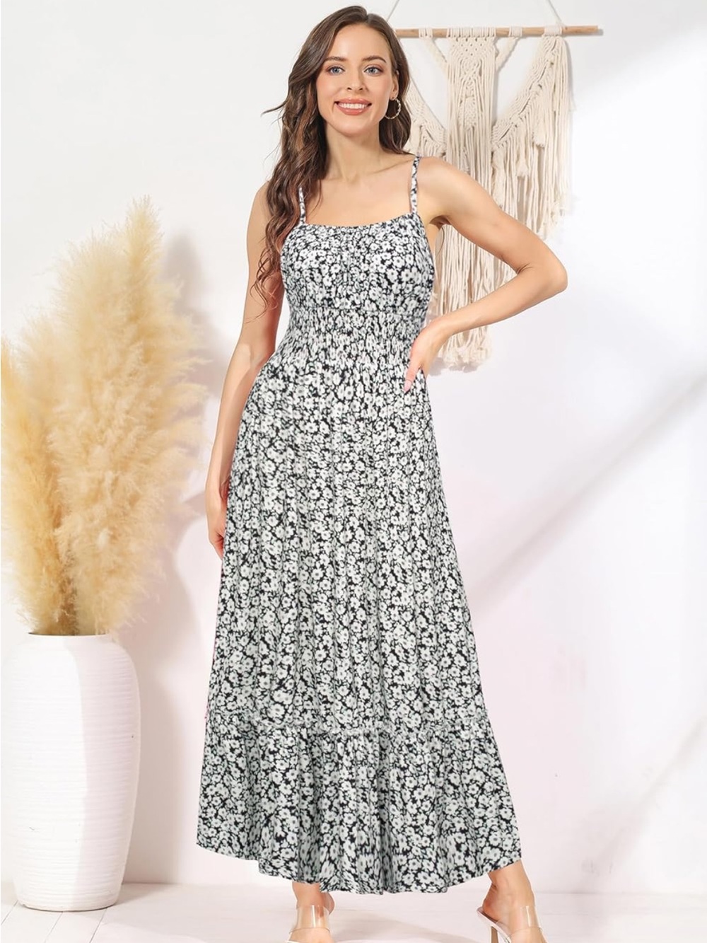 Grace Karin Black and White Floral Smocked Maxi Dress